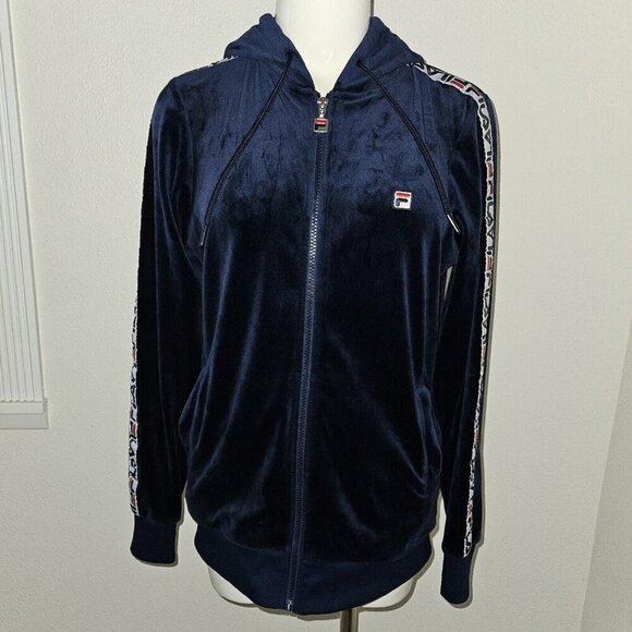 FILA Tops - Fila Navy Blue Velour Full Zip Logo Tape Sleeve Stripe Track Jacket Women Medium
